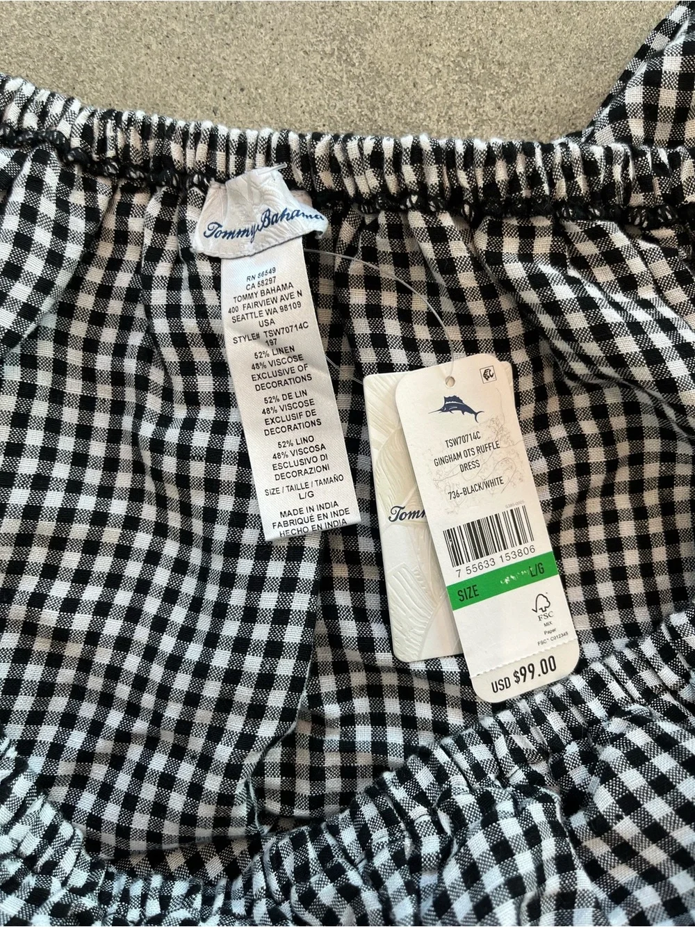 Tommy Bahama Gingham OTS Dress Black White Linen Blend NWT Size L — Minor Flaw - Picture 4 of 6